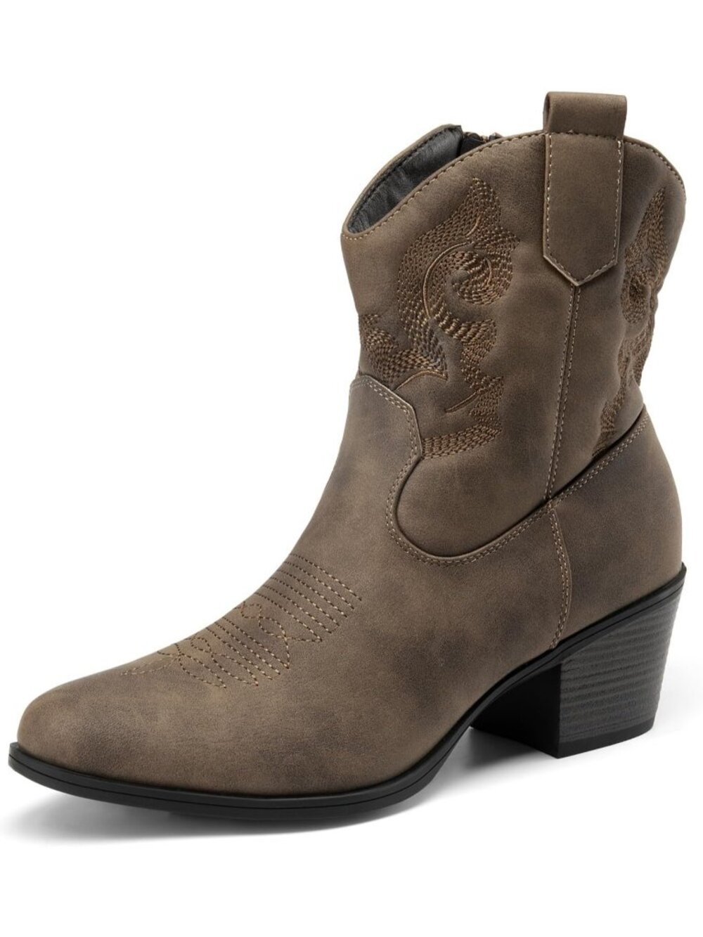Women's Camel Western Cowgirl Embroidered Ankle Boots Fashion Low Chunky Heel